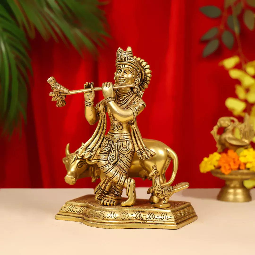 9" Brass Lord Krishna Idol Fluting With Cow in Background 2