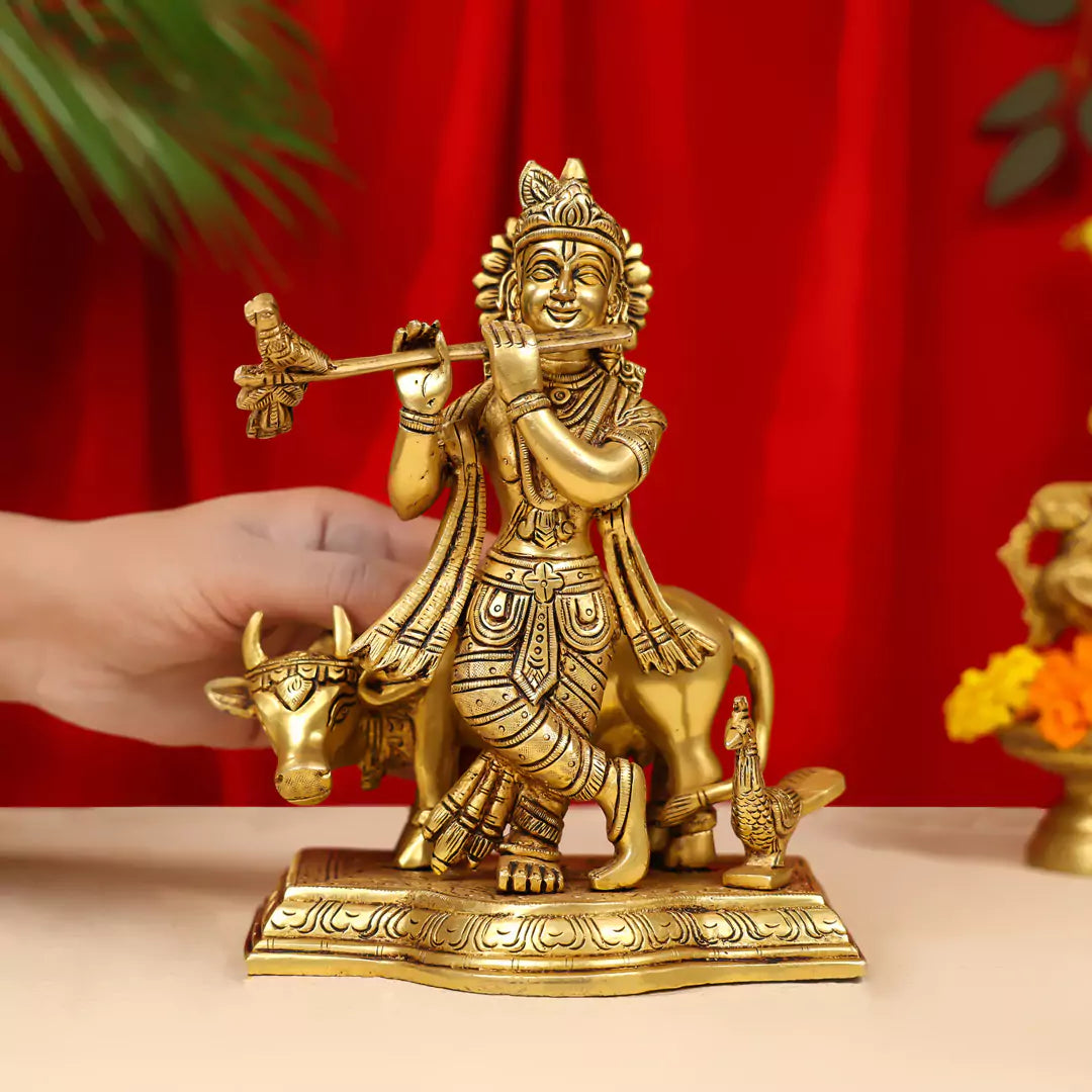 9" Brass Lord Krishna Idol Fluting With Cow in Background 4