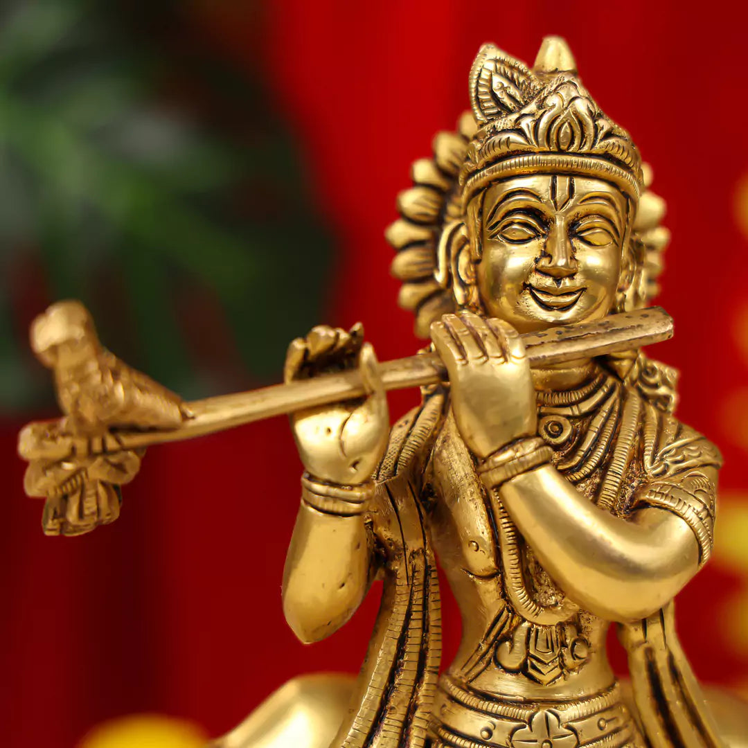 9" Brass Lord Krishna Idol Fluting With Cow in Background 5
