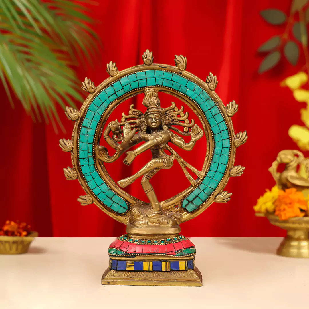 9" Brass Lord Natraj Dancing Shiva Idol Inlay Stonework