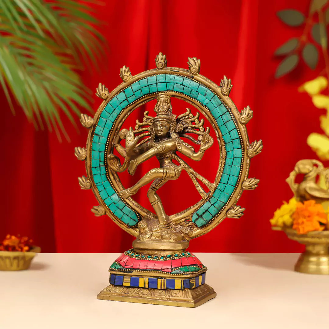 9" Brass Lord Natraj Dancing Shiva Idol Inlay Stonework 1