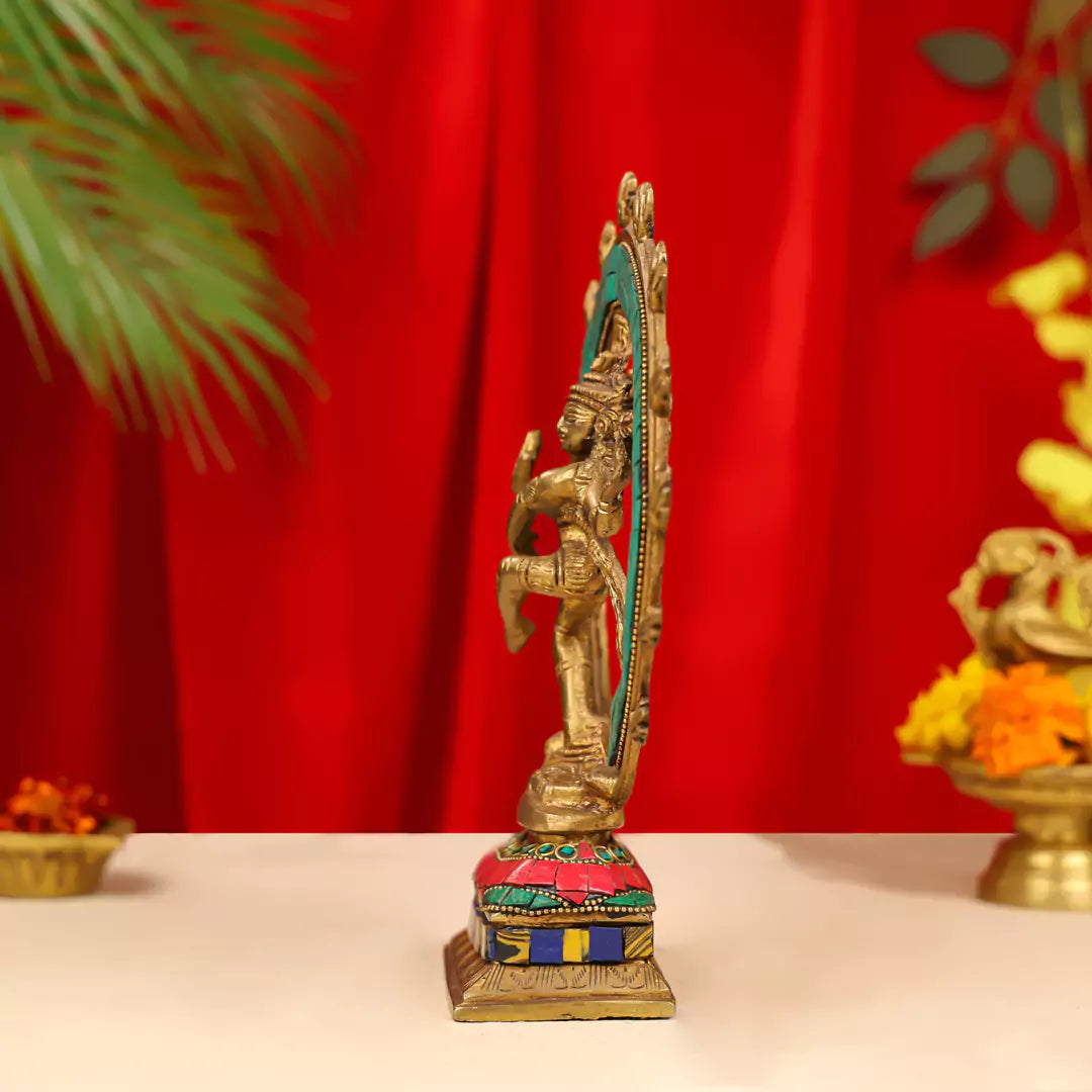 9" Brass Lord Natraj Dancing Shiva Idol Inlay Stonework 2