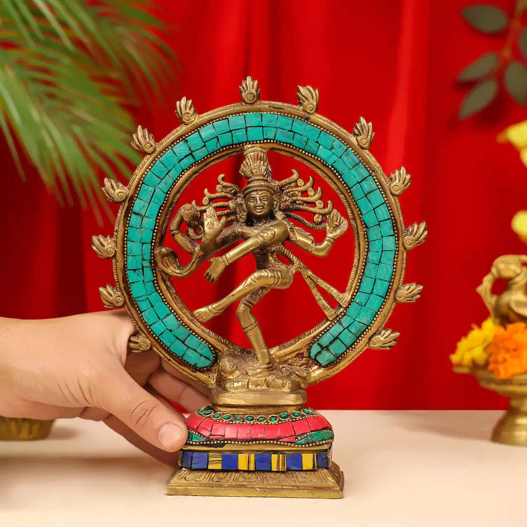9" Brass Lord Natraj Dancing Shiva Idol Inlay Stonework 3