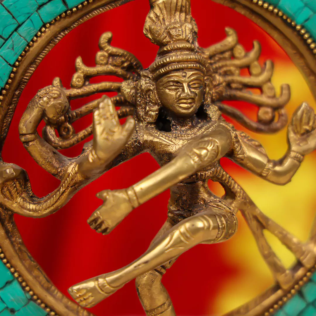 9" Brass Lord Natraj Dancing Shiva Idol Inlay Stonework 4