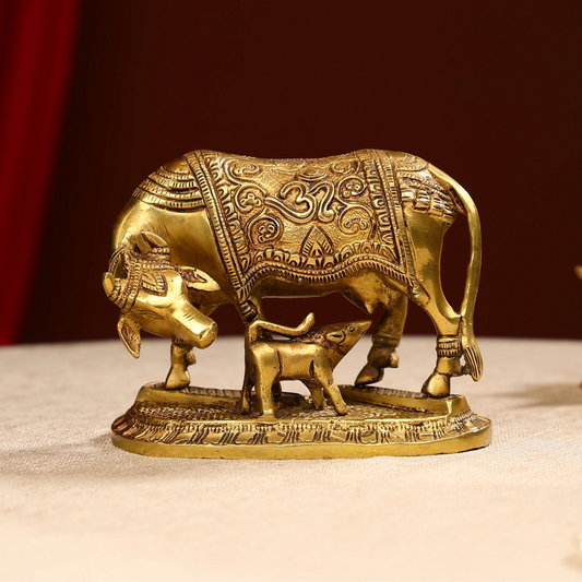 Brass Cow And Calf With Inlay Work