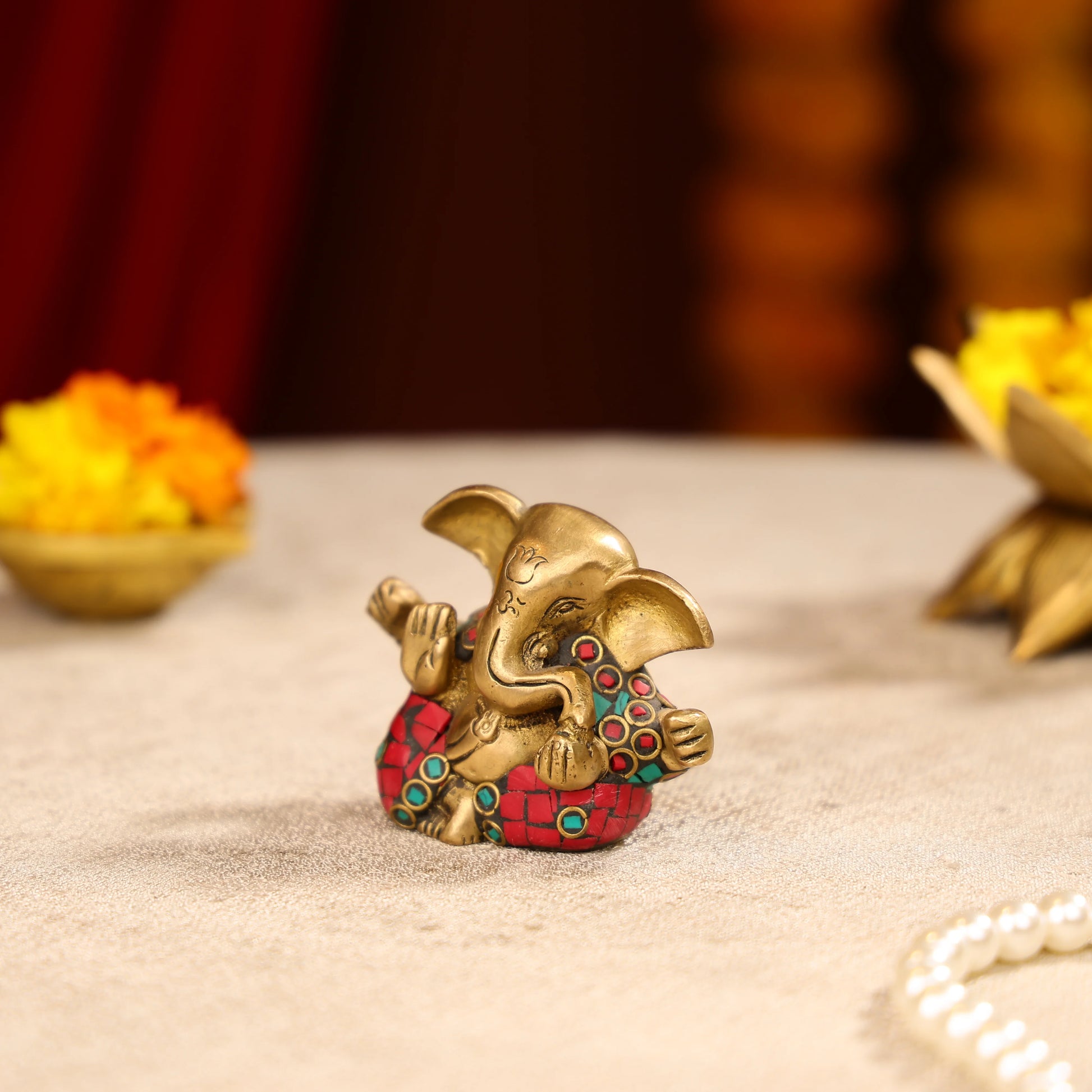Brass Lord Ganesha Idol with Colourful Traditional Attire