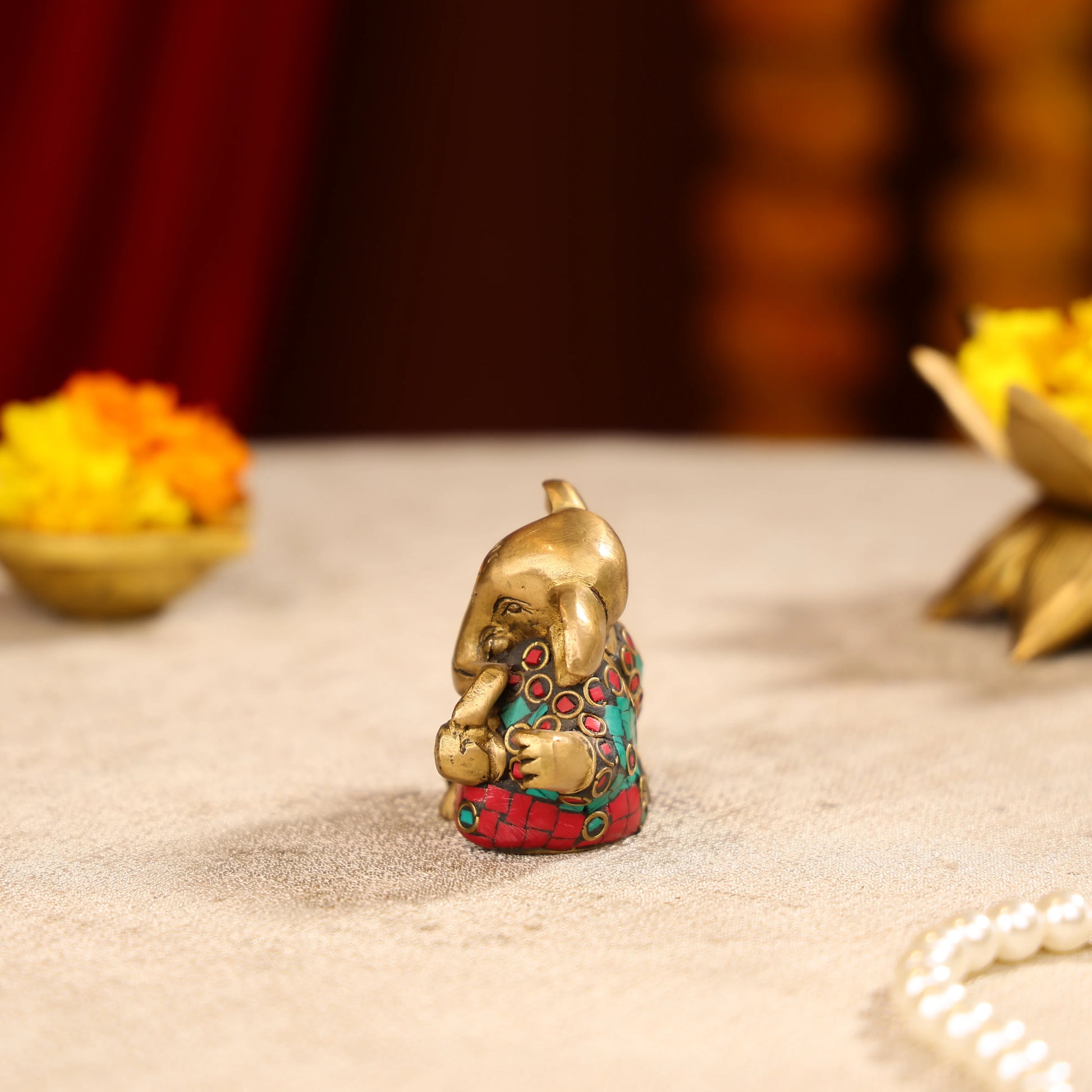 Brass Lord Ganesha Idol with Colourful Traditional Attire