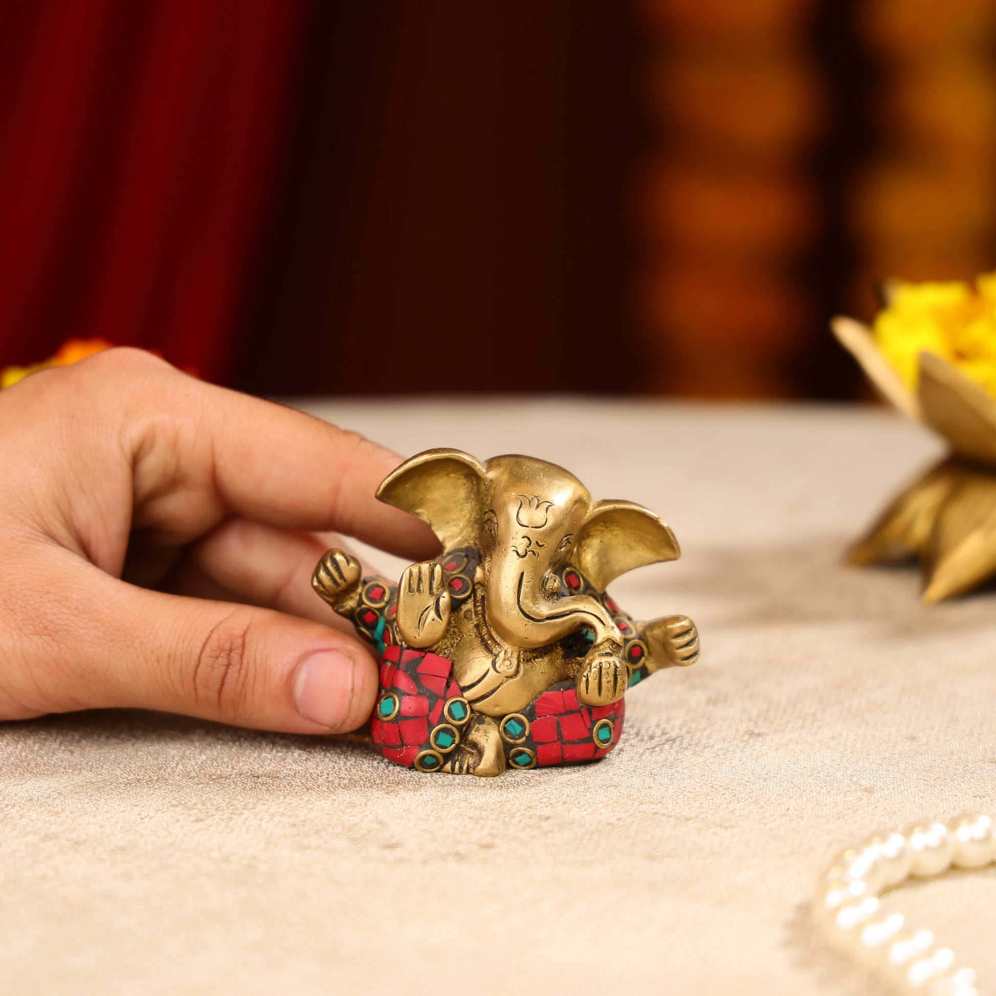 Brass Lord Ganesha Idol with Colourful Traditional Attire
