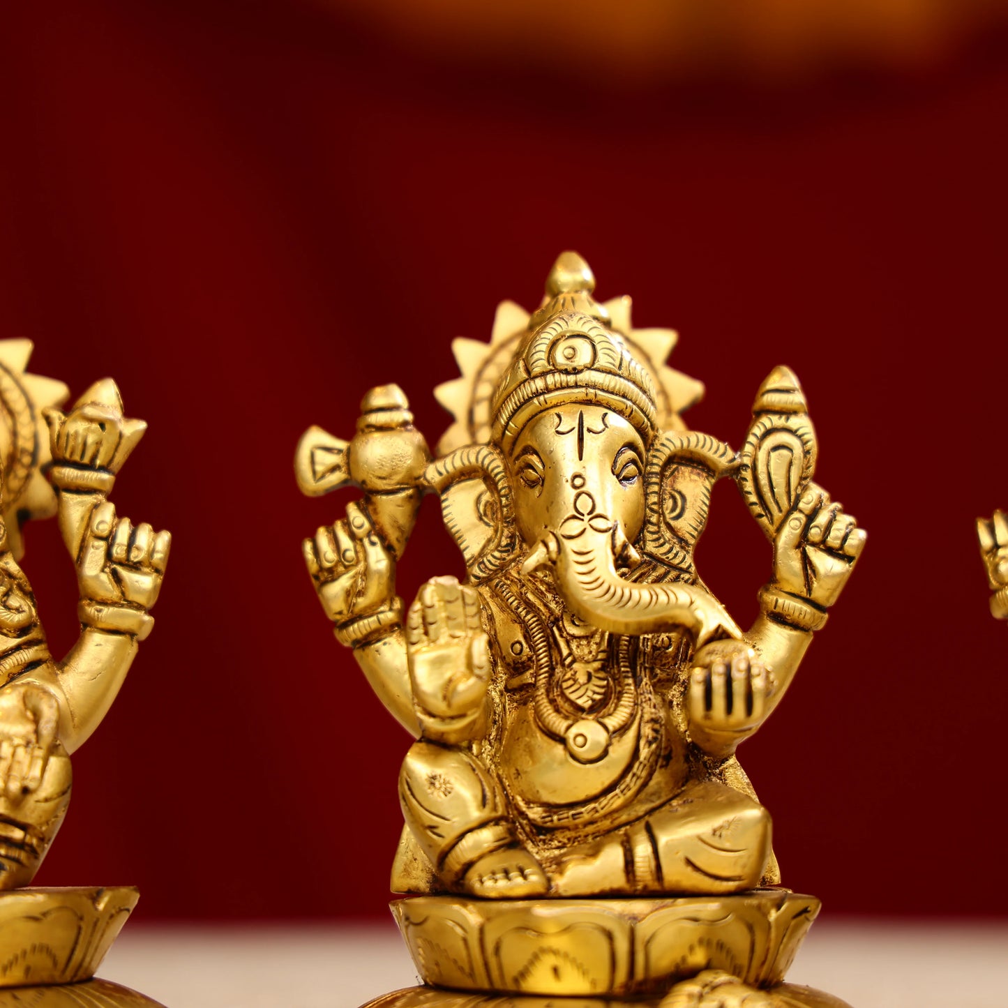 Brass Super Fine Goddess Laxmi Lord Ganesha Goddess Saraswati Trio Idols Seated on Lotus Base