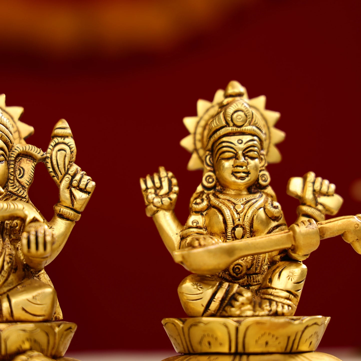 Brass Super Fine Goddess Laxmi Lord Ganesha Goddess Saraswati Trio Idols Seated on Lotus Base