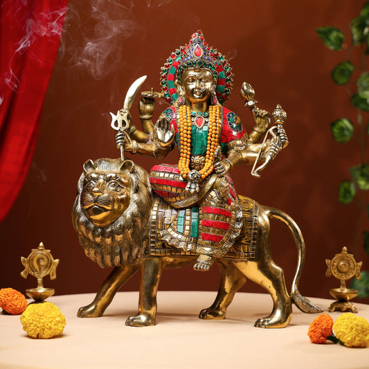 Brass Antique Goddess Durga Idol with Stone Work 1