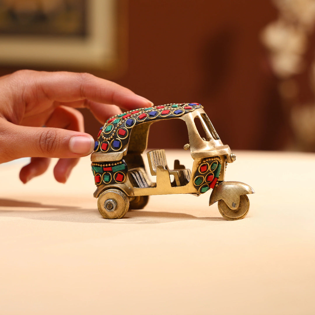 Brass Auto Rickshaw  with Stonework - Small 4