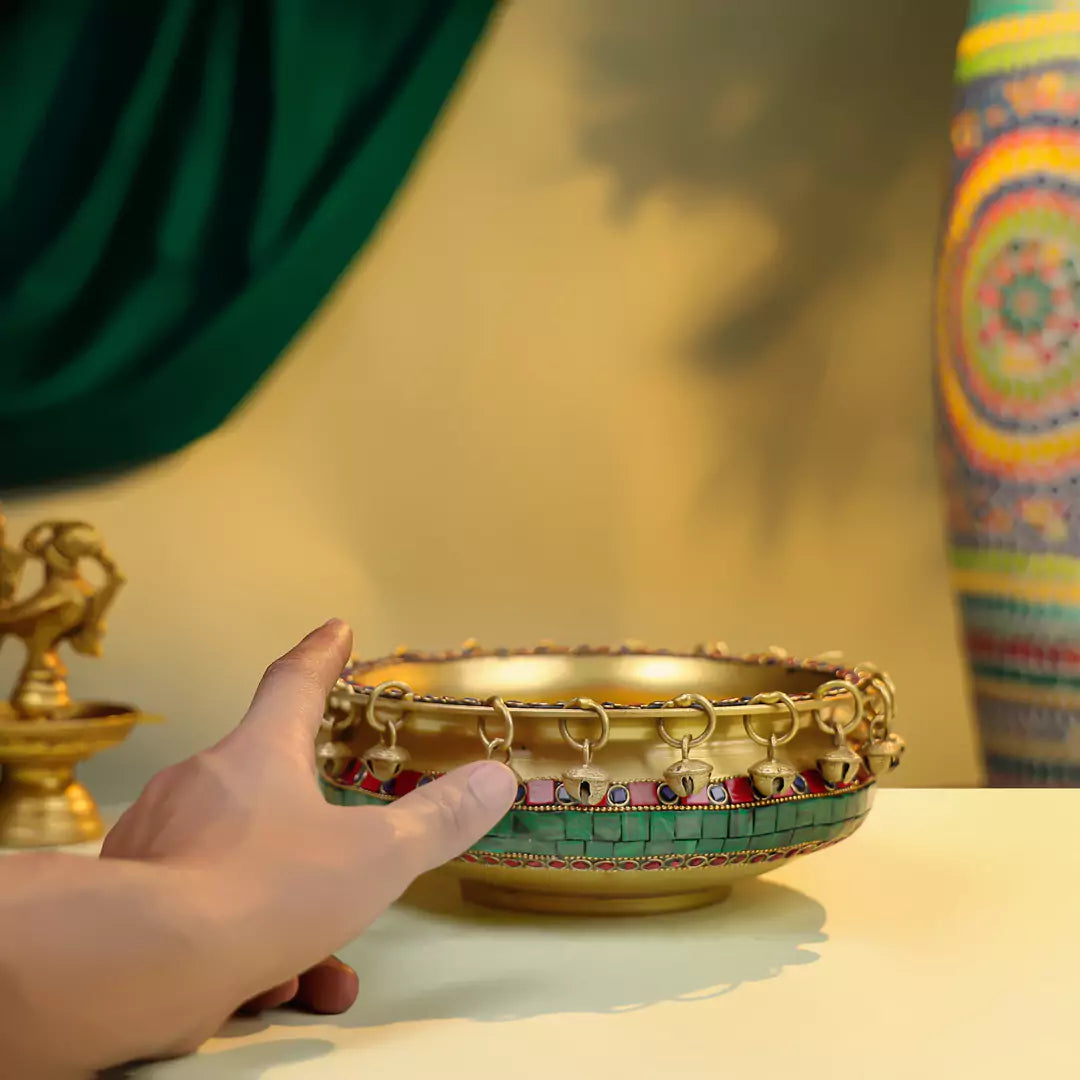 Brass Bowl Urli - Stone Work 8 Inch 3