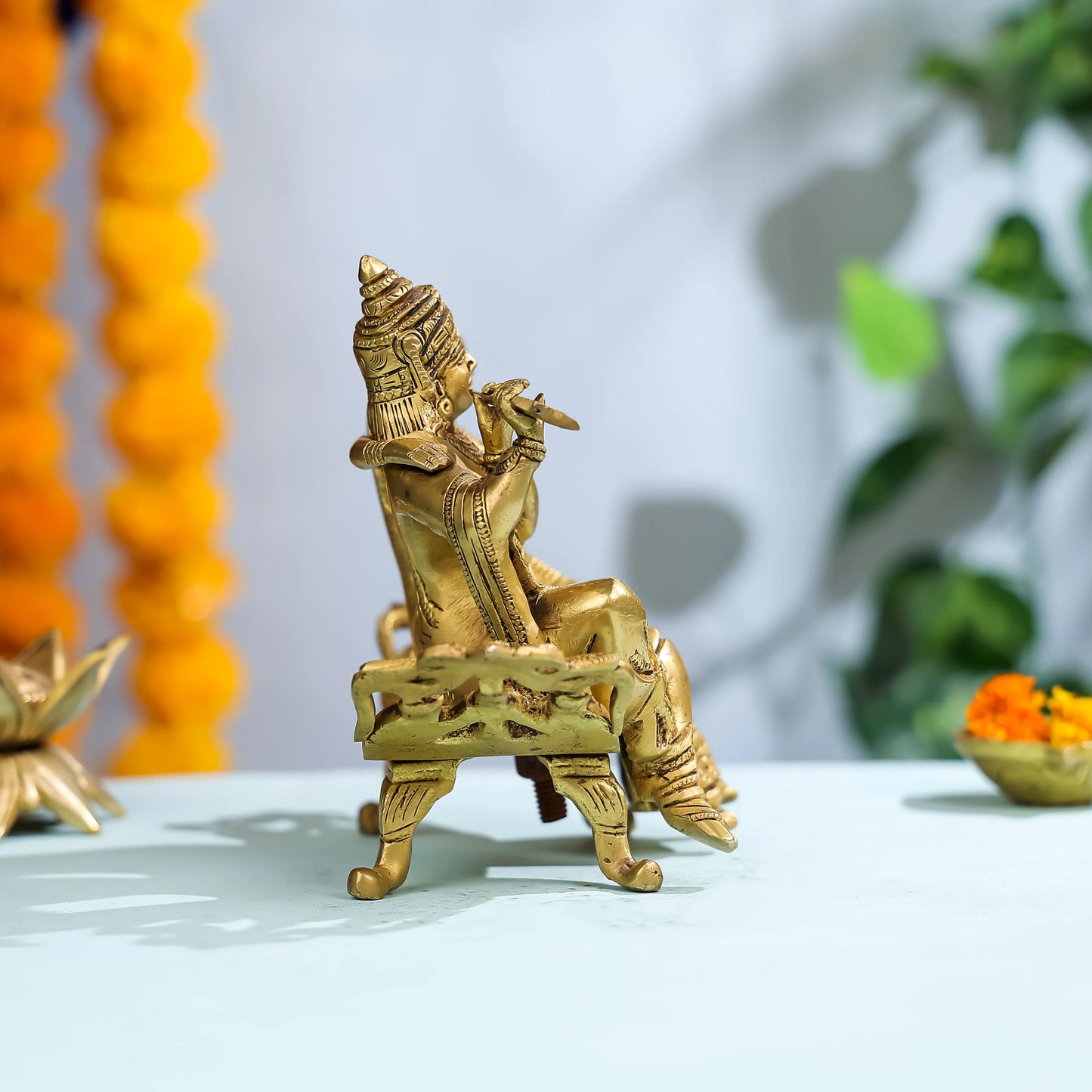 Brass Goddess Radha & Krishna Seated on Sofa 2