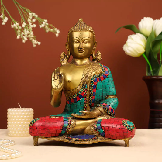 Brass Lord Buddha Seated in Vitarka Mudra Idol with Stone Work 1