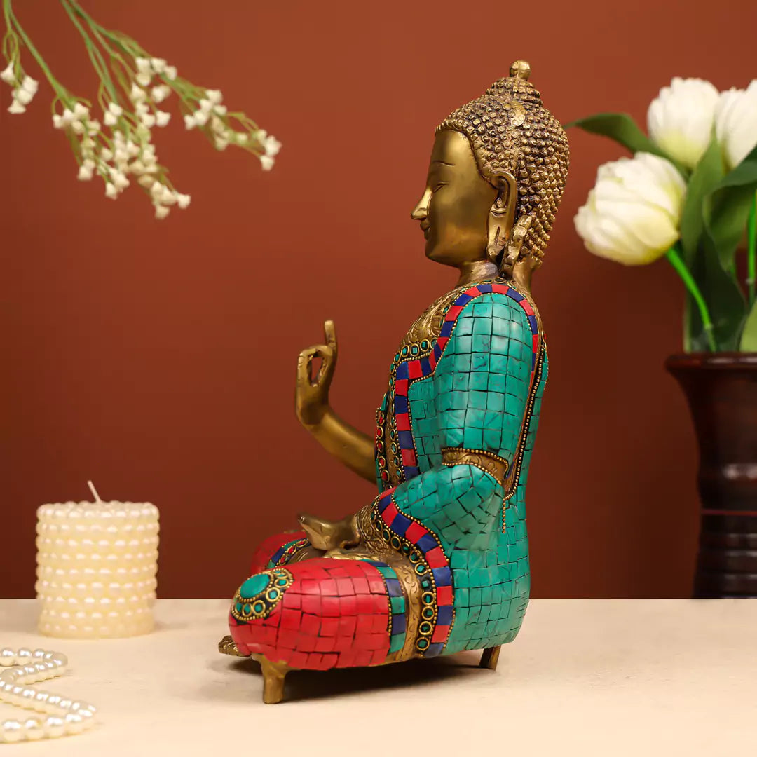 Brass Lord Buddha Seated in Vitarka Mudra Idol with Stone Work 3