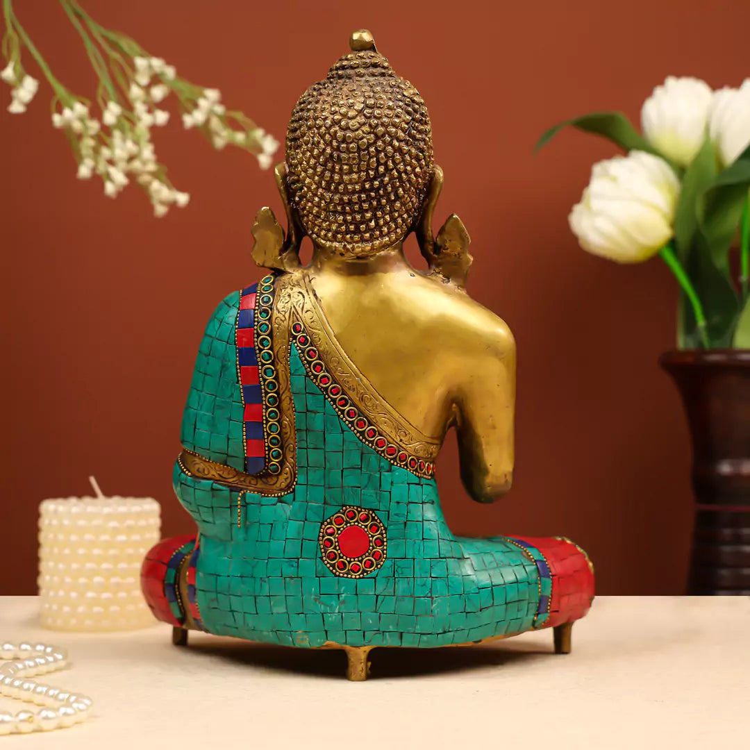 Brass Lord Buddha Seated in Vitarka Mudra Idol with Stone Work 4