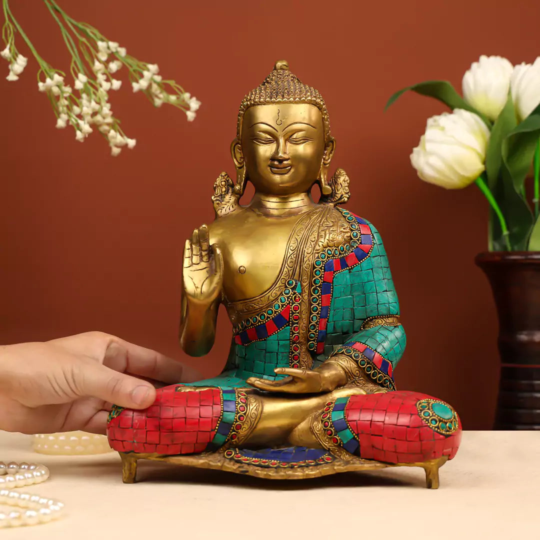 Brass Lord Buddha Seated in Vitarka Mudra Idol with Stone Work 5