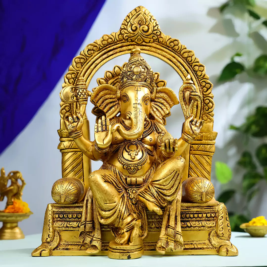 Brass Lord Ganesha Idol Seated on Throne 1