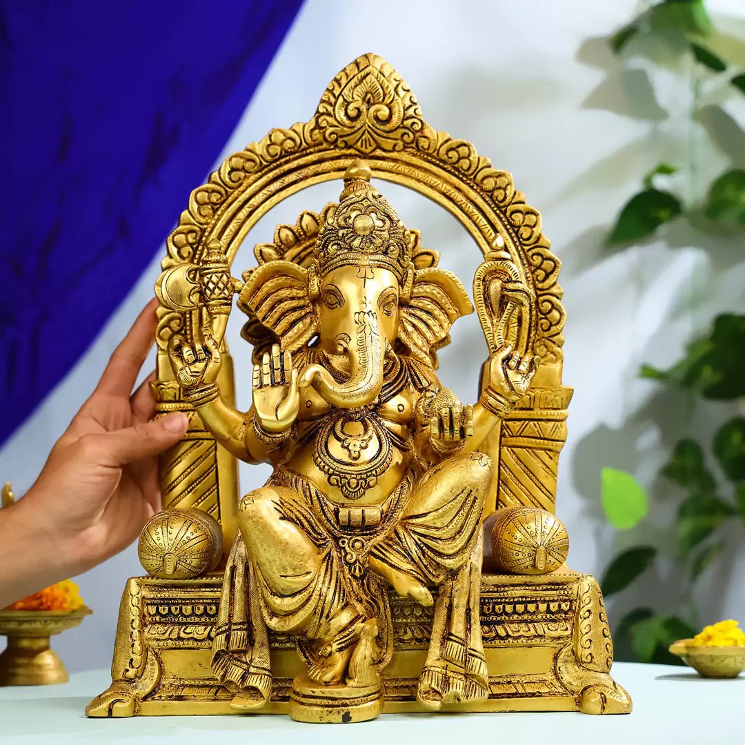 Brass Lord Ganesha Idol Seated on Throne 3