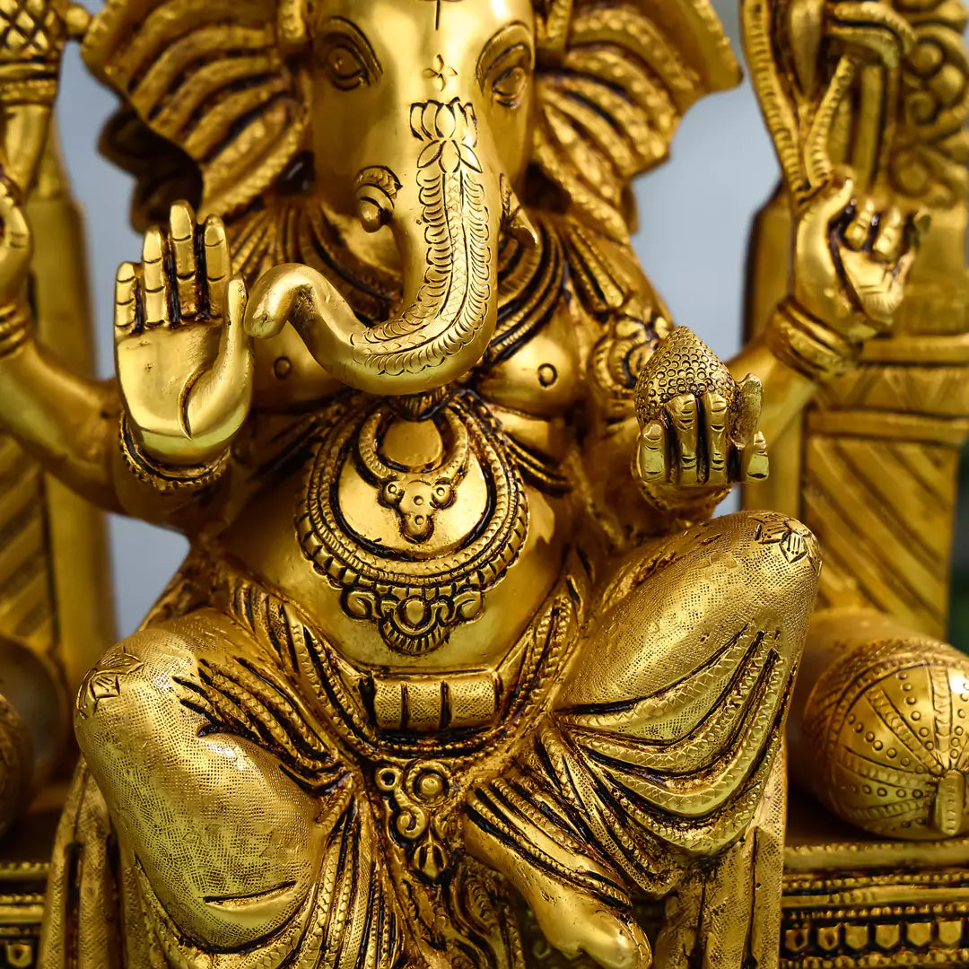 Brass Lord Ganesha Idol Seated on Throne 4