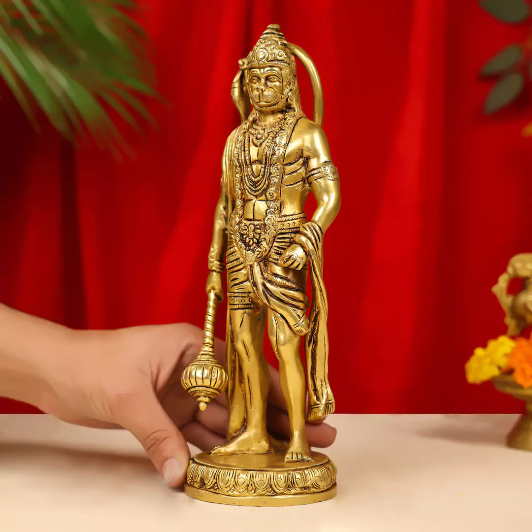 Brass Lord Hanuman Idol Standing On Round Base 10"_1