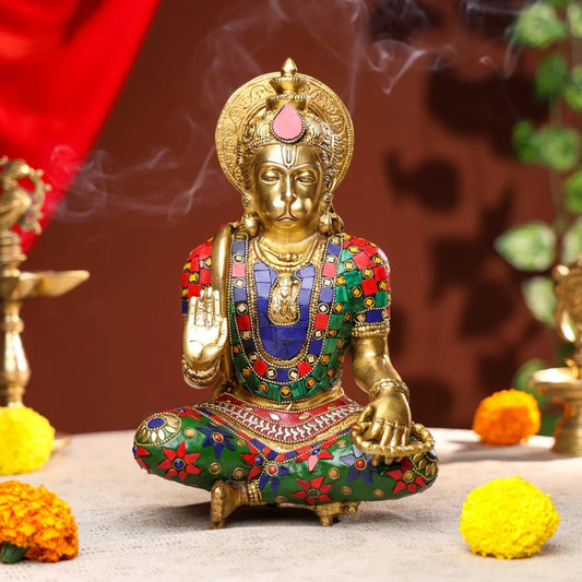 Brass Lord Hanuman Idol with Stone Work1