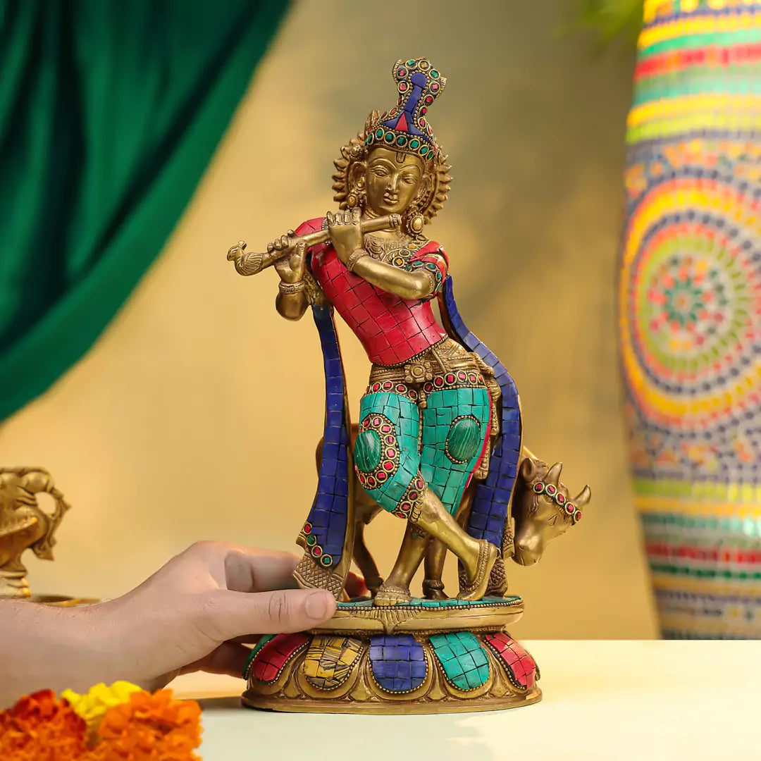 Brass Lord Krishna Fluting Idol with Cow 4