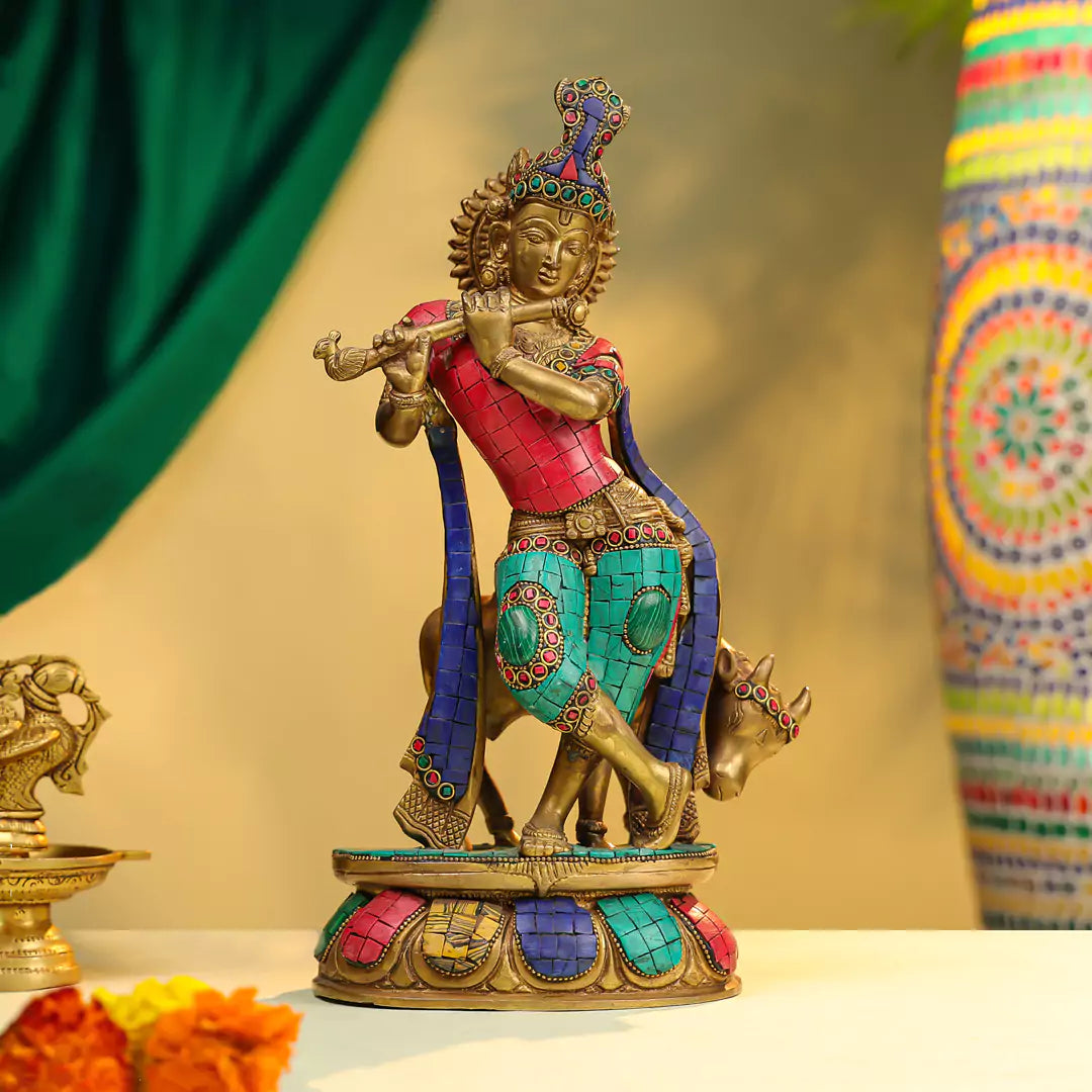 Brass Lord Krishna Fluting Idol with Cow 1