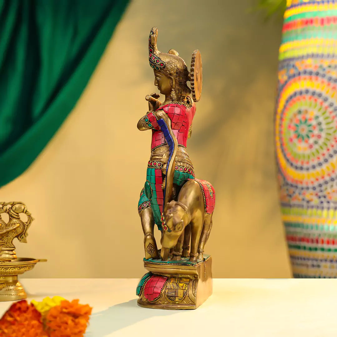 Brass Lord Krishna Fluting Idol with Cow 2