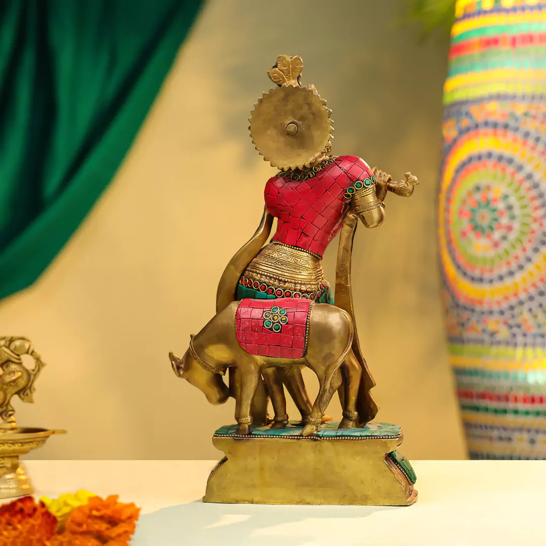 Brass Lord Krishna Fluting Idol with Cow 3