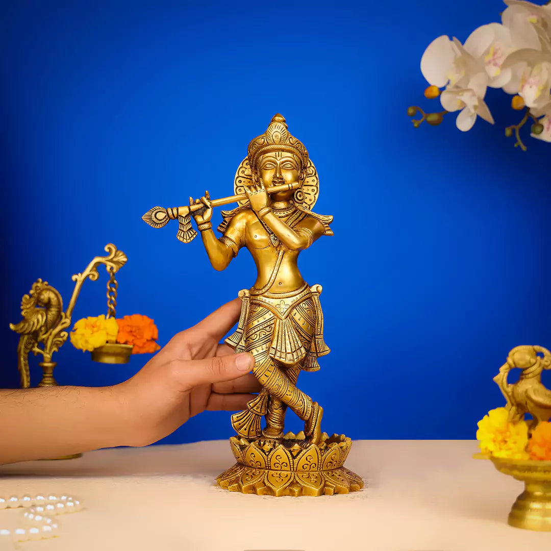 Brass Lord Krishna Murlidhar Idol Standing on Lotus Base-2