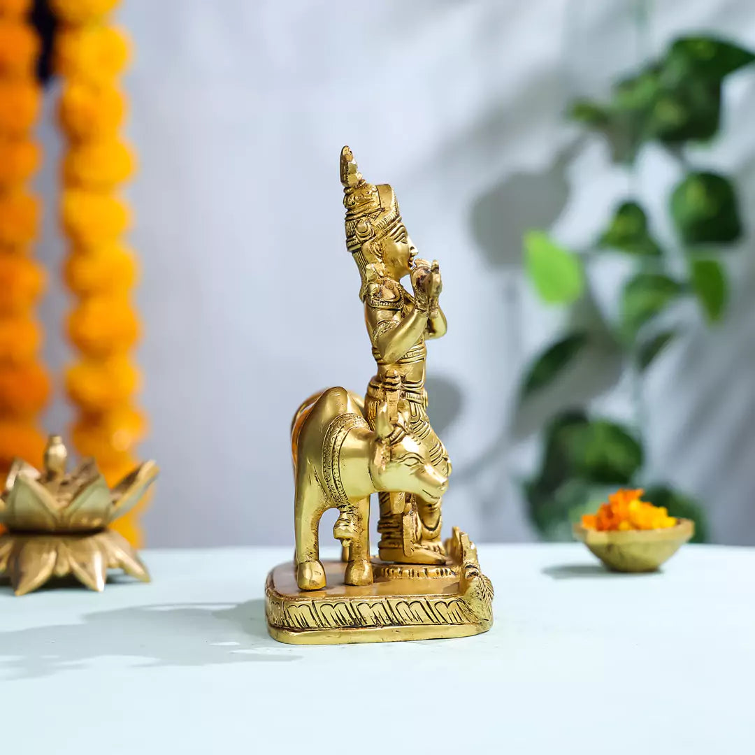 Brass Lord Krishna with Cow in Background 3