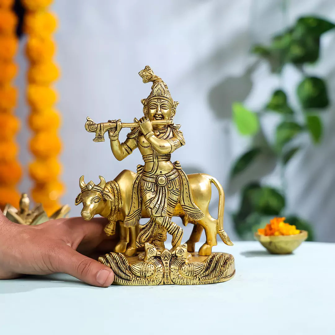 Brass Lord Krishna with Cow in Background 4