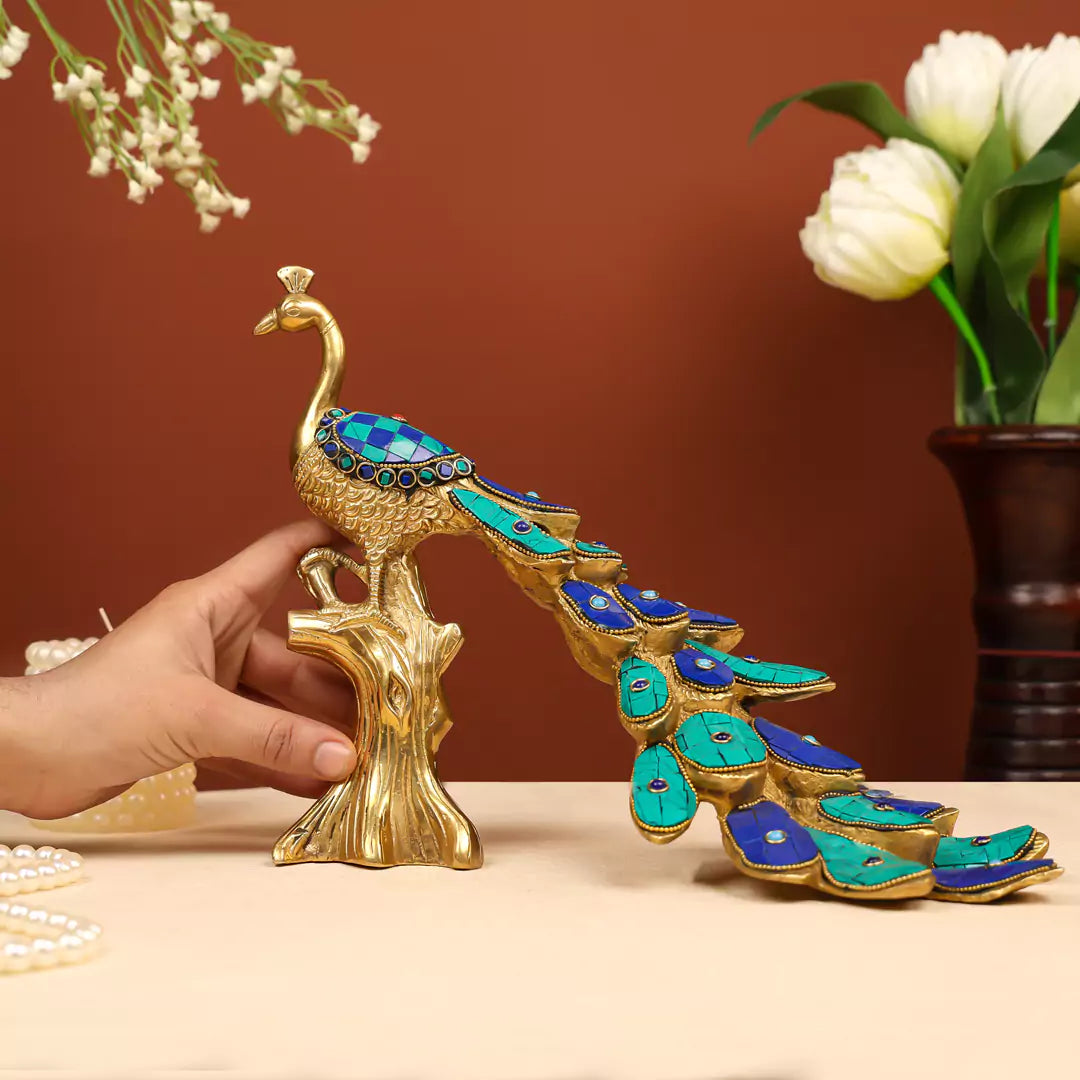 Brass Peacock Inlay Stonework- 13 Inch - 3