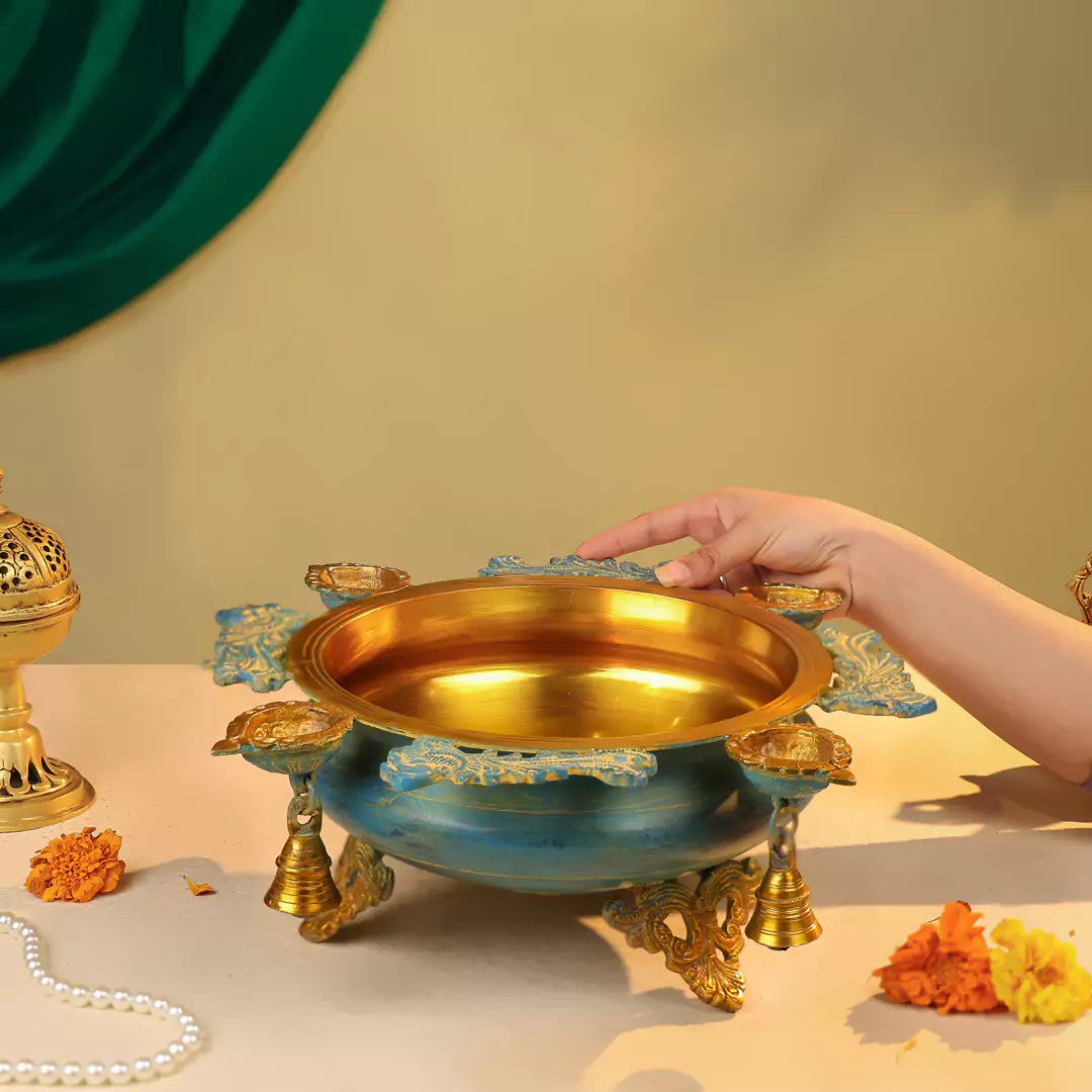 Brass Urli With Diyas On The Edge With Bells_2