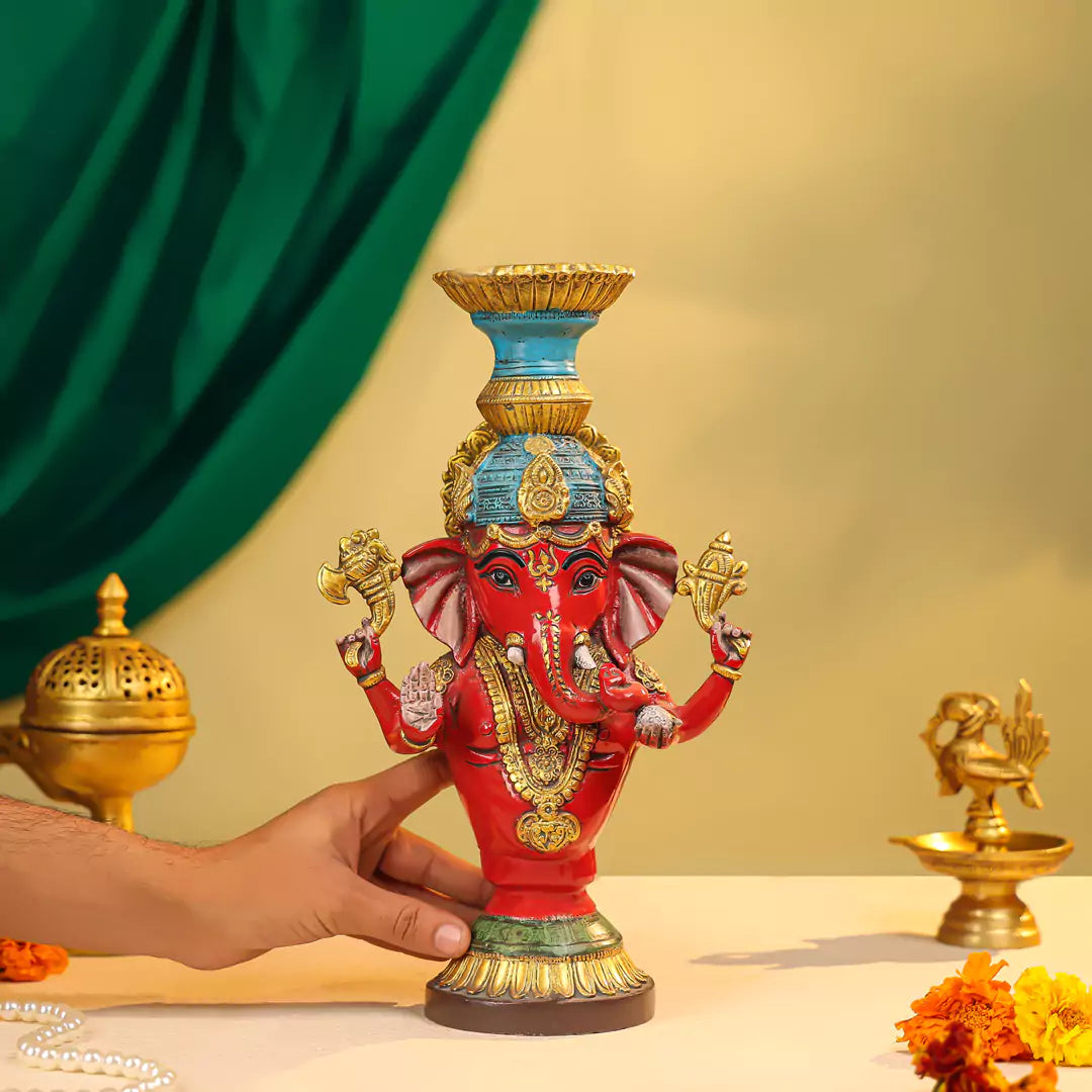 Coloured Brass Lord Ganesha Candle Stand 14" 3