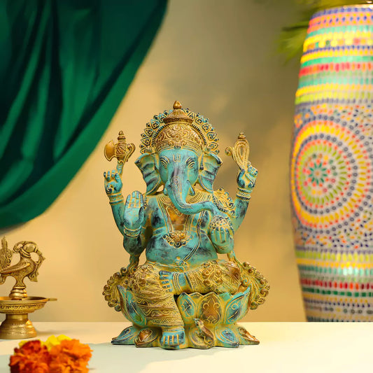 Coloured Brass Lord Ganesha Idol Antique Finish 1