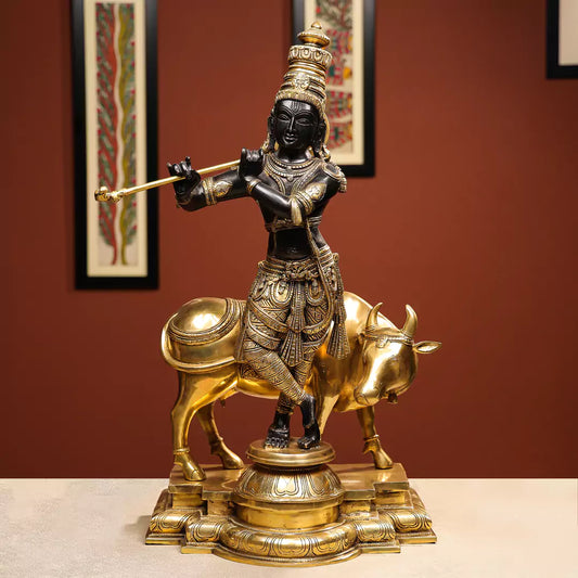 Coloured Brass Lord Krishna Idol Fluting with Cow in Background 1