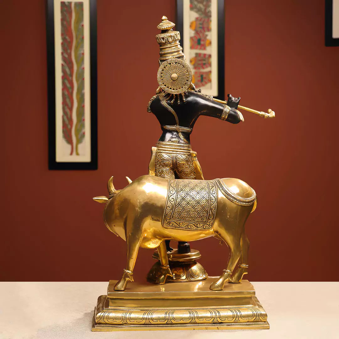 Coloured Brass Lord Krishna Idol Fluting with Cow in Background