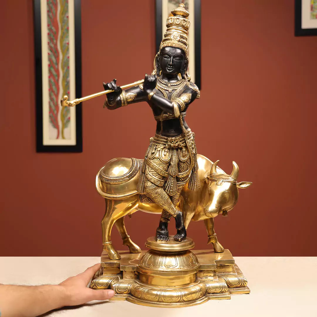 Coloured Brass Lord Krishna Idol Fluting with Cow in Background 3