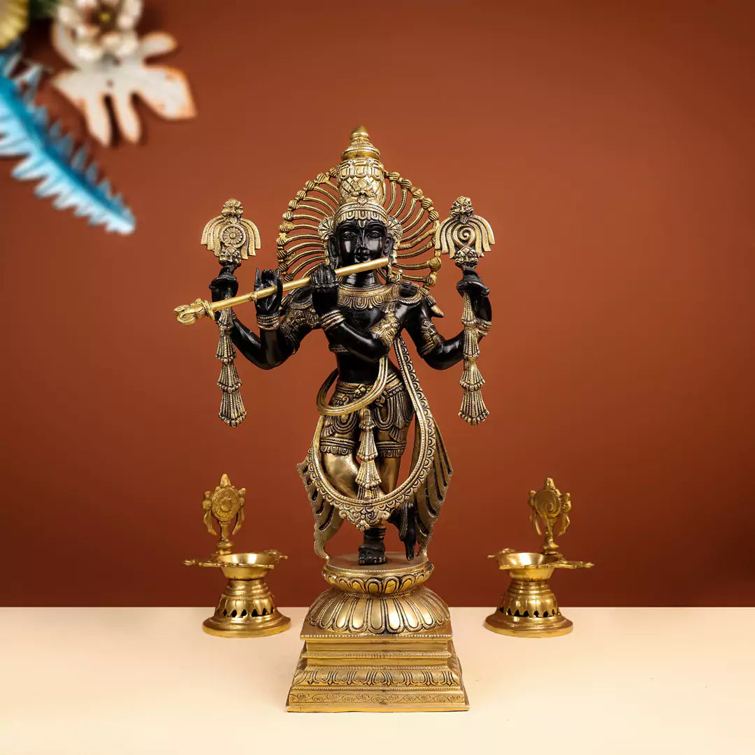 Coloured Brass Lord Krishna Murlidhar Idol - 1