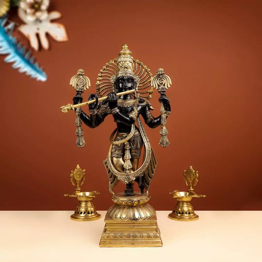Coloured Brass Lord Krishna Murlidhar Idol - 1