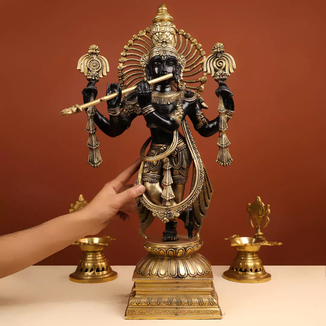 Coloured Brass Lord Krishna Murlidhar Idol - 4