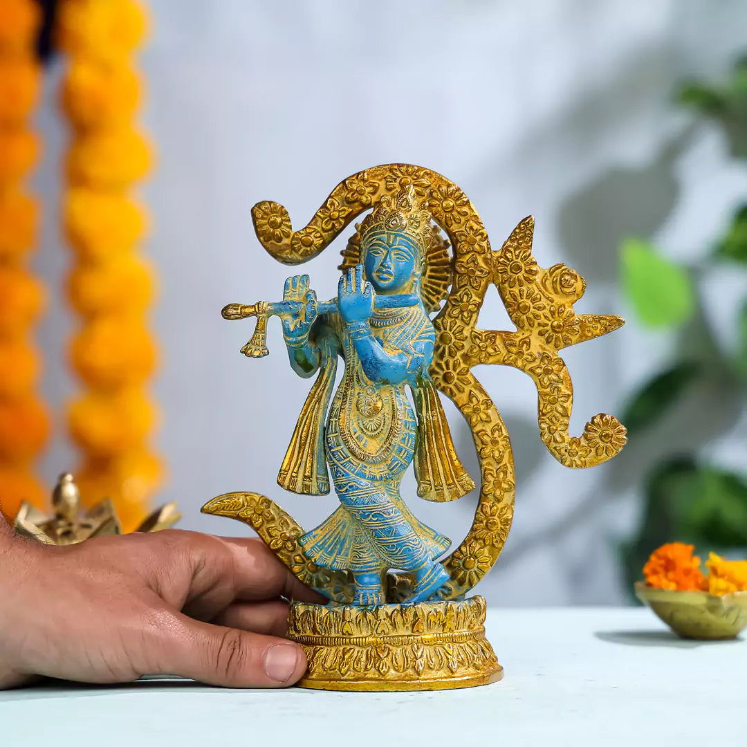 Coloured Brass Lord Krishna with OM Signage 3