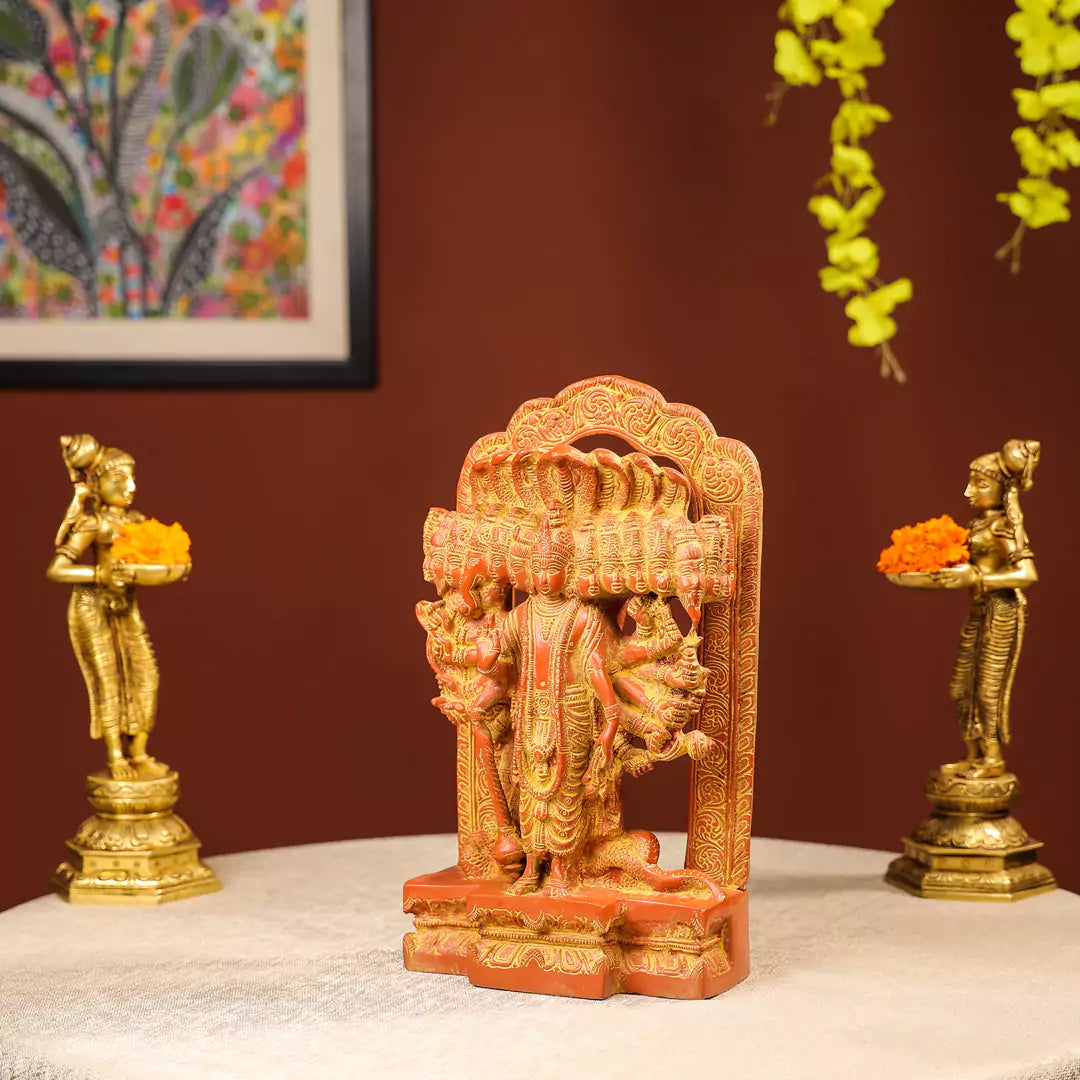 Gold And Orange Coloured Brass Lord Vishnu Idol