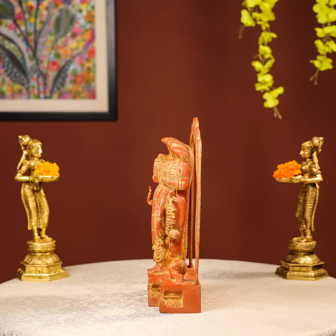 Gold And Orange Coloured Brass Lord Vishnu Idol