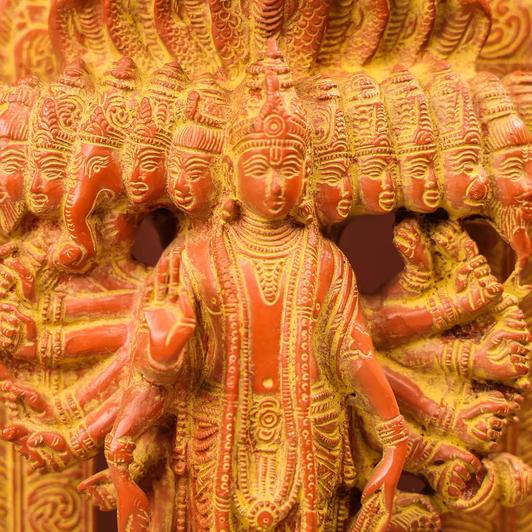 Gold And Orange Coloured Brass Lord Vishnu Idol