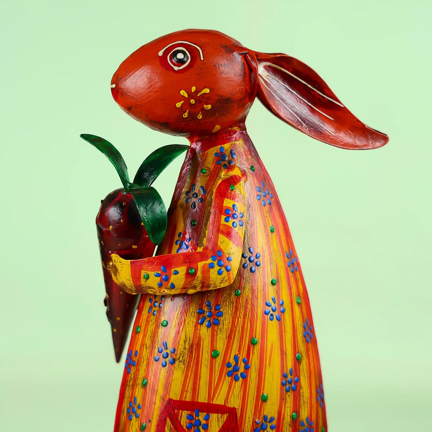 Hand-Painted Metal Rabbit Figurine Holding a Carrot