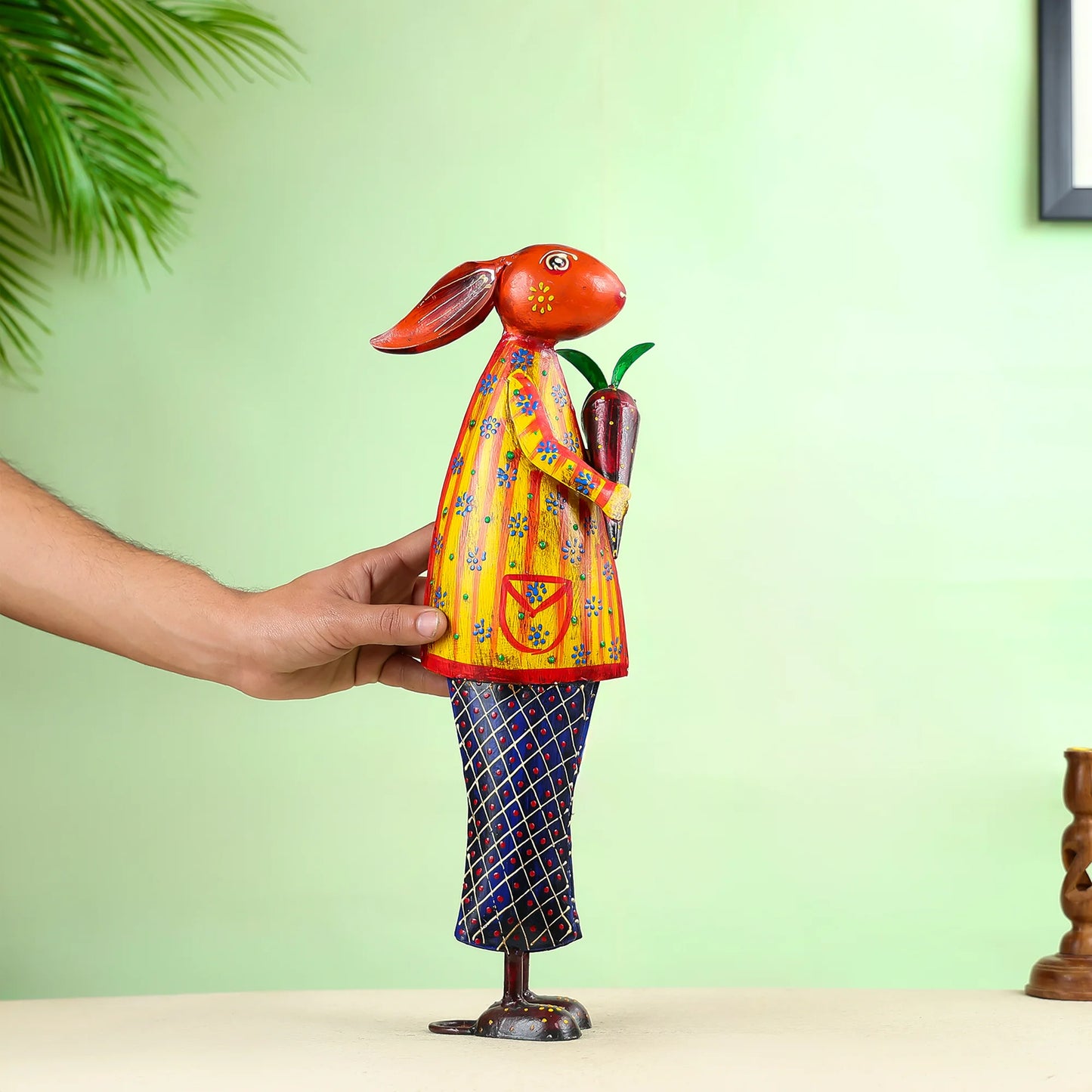 Hand-Painted Metal Rabbit Figurine Holding a Carrot